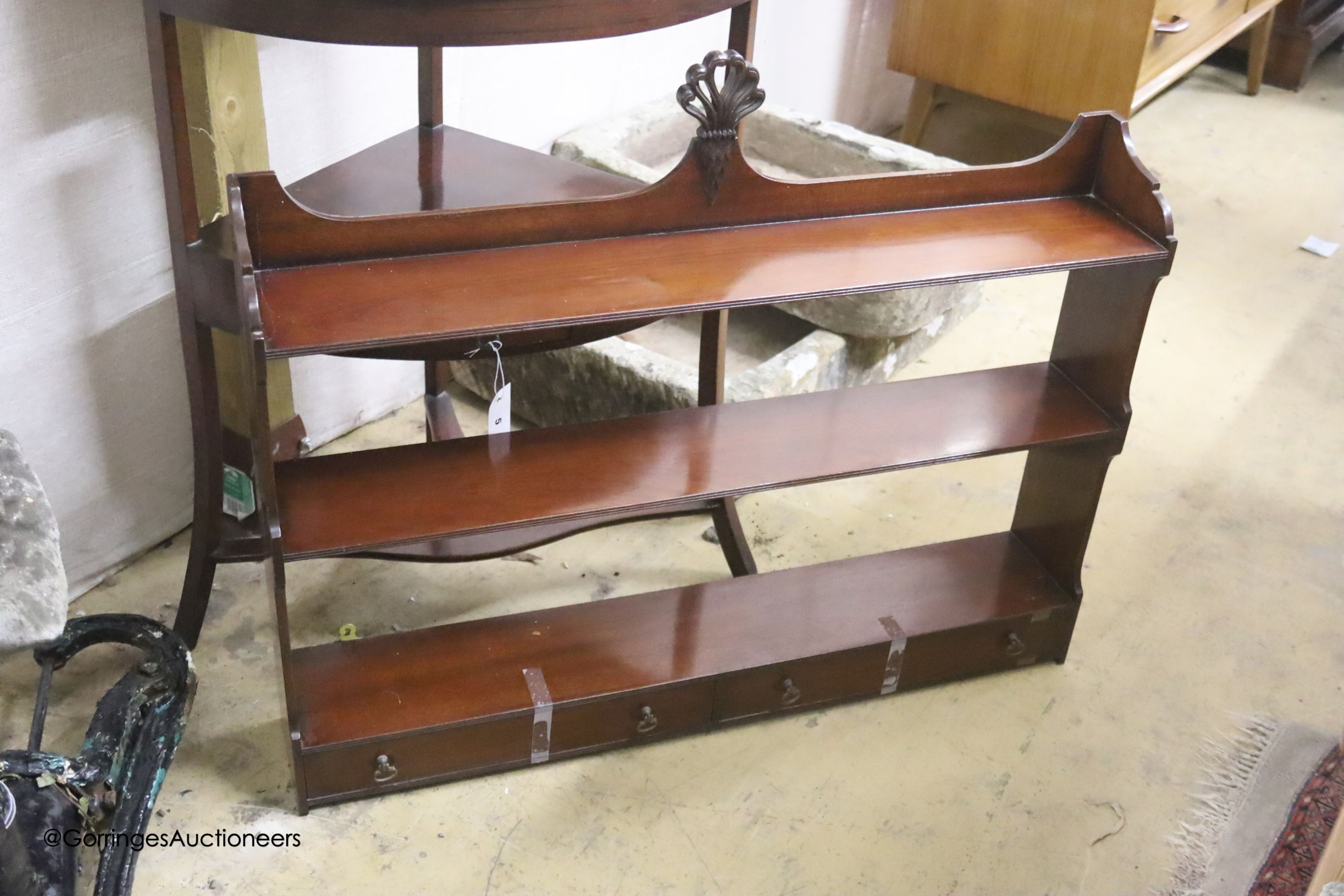 A George III mahogany two tier corner washstand, width 61cm, depth 42cm, height 106cm together with a reproduction mahogany three tier wall bracket